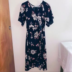 Navy Floral Swing Dress with Flutter Sleeve
